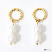 1 Pair Fashion Solid Color Stainless Steel Freshwater Pearl 14k Gold Plated Drop Earrings sku image 3