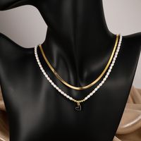 Fashion Heart Shape Stainless Steel Pendant Necklace Gold Plated Pearl Stainless Steel Necklaces 2 Piece Set main image 4
