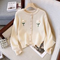 Fashion Flower Knit Round Neck Long Sleeve Regular Sleeve Front Button Sweater main image 1