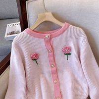 Fashion Flower Knit Round Neck Long Sleeve Regular Sleeve Front Button Sweater main image 2