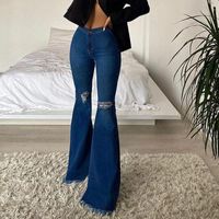 Fashion Solid Color Cotton Full Length Ripped Flared Pants main image 5