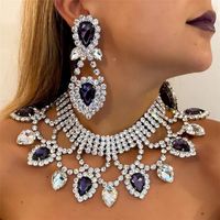 Lady Water Droplets Metal Inlay Crystal Rhinestones Women's Earrings Necklace main image 6