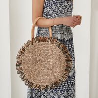 Women's Large Straw Geometric Basic Weave Round Open Handbag sku image 1