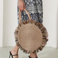 Women's Large Straw Geometric Basic Weave Round Open Handbag main image 3
