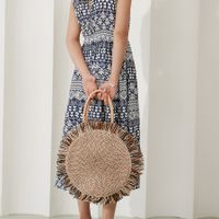 Women's Large Straw Geometric Basic Weave Round Open Handbag main image 2