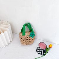 Kid's Small Spring&summer Straw Solid Color Cute Flowers Bucket Open Straw Bag sku image 6