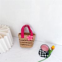Kid's Small Spring&summer Straw Solid Color Cute Flowers Bucket Open Straw Bag sku image 1