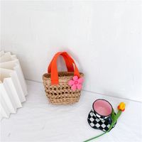 Kid's Small Spring&summer Straw Solid Color Cute Flowers Bucket Open Straw Bag sku image 5