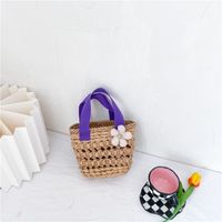 Kid's Small Spring&summer Straw Solid Color Cute Flowers Bucket Open Straw Bag sku image 4