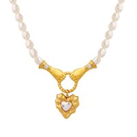 French Style Hand Heart Shape Titanium Steel Pendant Necklace Gold Plated Pearl Stainless Steel Necklaces main image 6