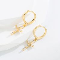 Retro C Shape Cross Inlay Copper Zircon Gold Plated Earrings main image 5