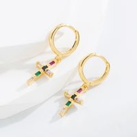 Retro C Shape Cross Inlay Copper Zircon Gold Plated Earrings sku image 2