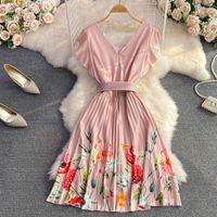 Elegant Floral U Neck Short Sleeve Pleated Polyester Dresses Midi Dress Pleated Skirt main image 4