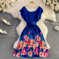 Elegant Floral U Neck Short Sleeve Pleated Polyester Dresses Midi Dress Pleated Skirt main image 3