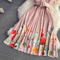 Elegant Floral U Neck Short Sleeve Pleated Polyester Dresses Midi Dress Pleated Skirt main image 7