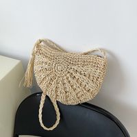 Women's Small Straw Solid Color Fashion Tassel Round Open Straw Bag sku image 1