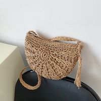 Women's Small Straw Solid Color Fashion Tassel Round Open Straw Bag sku image 2