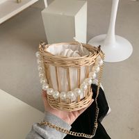 Women's Medium Straw Solid Color Fashion Pearl Oval Open Straw Bag sku image 1