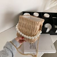 Women's Medium Straw Solid Color Fashion Pearl Oval Open Straw Bag sku image 2