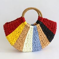 Women's Medium Straw Color Block Fashion Semicircle Handbag sku image 1
