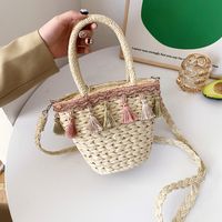 Women's Medium Straw Stripe Ethnic Style Tassel Bucket String Straw Bag sku image 1