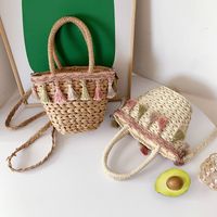Women's Medium Straw Stripe Ethnic Style Tassel Bucket String Straw Bag main image 1