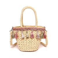 Women's Medium Straw Stripe Ethnic Style Tassel Bucket String Straw Bag main image 2