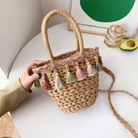 Women's Medium Straw Stripe Ethnic Style Tassel Bucket String Straw Bag sku image 2