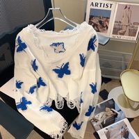 Fashion Butterfly Knit Long Sleeve Ripped Sweater sku image 1