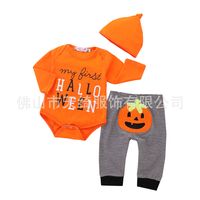 Halloween Fashion Pumpkin Letter Stripe Cotton Boys Clothing Sets sku image 1