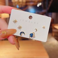 Fashion Star Moon Copper Ear Studs Enamel Plating Inlay Rhinestones Copper Earrings 3 Pairs main image 1