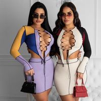Fashion Chest Lace Hollow Contrast Color Creative Casual Suit sku image 4