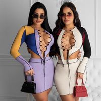 Fashion Chest Lace Hollow Contrast Color Creative Casual Suit sku image 21