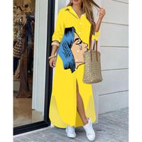 Mode Impression Refuser Manche Longue Bouton Polyester Robes Robe Mi-longue Jupe Droite main image 7