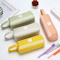 Simple Solid Color Striped Double Layer Stationery Pencil Case main image 4