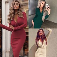 Women's Pencil Skirt Elegant V Neck Pleated Long Sleeve Solid Color Midi Dress Banquet main image 1