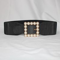 Retro Solid Color Pu Leather Imitation Pearl Alloy Women's Leather Belts 1 Piece sku image 1