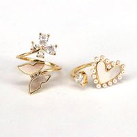Retro Heart Shape Butterfly Copper Gold Plated Artificial Pearls Shell Zircon Open Ring 1 Piece main image 1