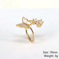 Retro Heart Shape Butterfly Copper Gold Plated Artificial Pearls Shell Zircon Open Ring 1 Piece main image 4