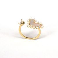 Retro Heart Shape Butterfly Copper Gold Plated Artificial Pearls Shell Zircon Open Ring 1 Piece main image 3