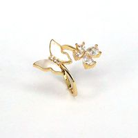 Retro Heart Shape Butterfly Copper Gold Plated Artificial Pearls Shell Zircon Open Ring 1 Piece main image 2