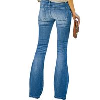 Casual Solid Color Denim Cotton Full Length Zipper Washed Flared Pants main image 5