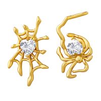 Fashion Spider Spider Web Brass Asymmetrical Gold Plated Zircon Ear Studs 1 Pair main image 4