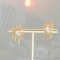 Fashion Spider Spider Web Brass Asymmetrical Gold Plated Zircon Ear Studs 1 Pair main image 1