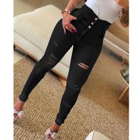 Fashion Solid Color Denim Cotton Full Length Ripped Button Jeans main image 4