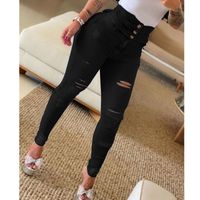 Fashion Solid Color Denim Cotton Full Length Ripped Button Jeans main image 6