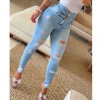 Fashion Solid Color Denim Cotton Full Length Ripped Button Jeans main image 5