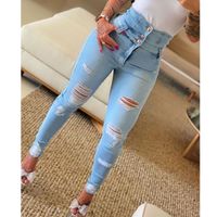Fashion Solid Color Denim Cotton Full Length Ripped Button Jeans main image 1