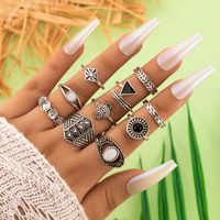 Fashion Retro Black Gemstone Water Drop Diamond Geometric Hollow Lotus Set Ring 11 Piece Set sku image 7