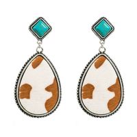 Retro Cow Pattern Water Droplets Leopard Pu Leather Alloy Inlay Turquoise Women's Drop Earrings 1 Pair main image 2